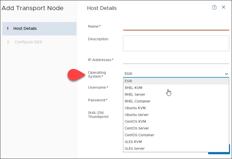 NSX-T UI operating system selection for transport node. 