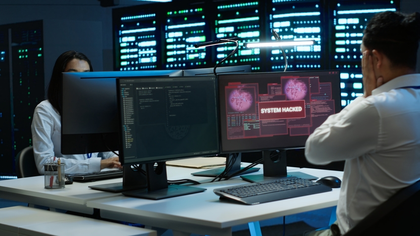 An illustration showing a hacked computer in an office.