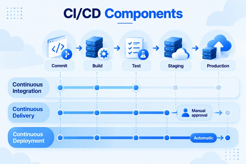CI/CD Components: continuous integration covers the commit, build, and test stages, continuous delivery extends the pipeline to staging with a manual approval before production, and continuous deployment releases to production automatically.