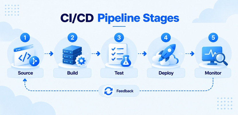 The CI/CD Pipeline runs through five stages: source, build, test, deploy, and monitor, with a feedback loop from monitoring back to source.