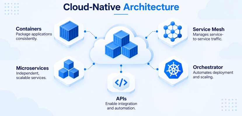 Cloud-native architecture showing containers, microservices, service mesh, orchestrator, and APIs.