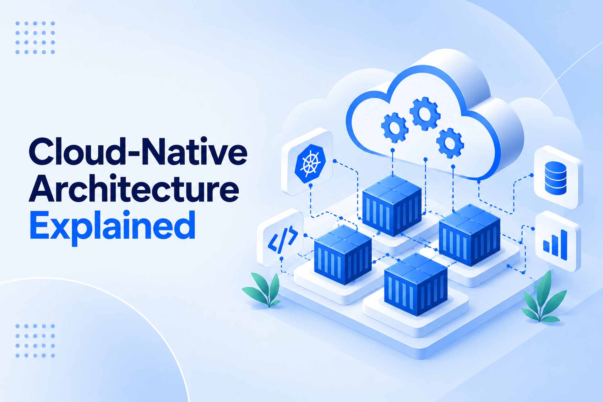 Cloud-native architecture diagram showing containers, orchestration, cloud services, and connected application components.