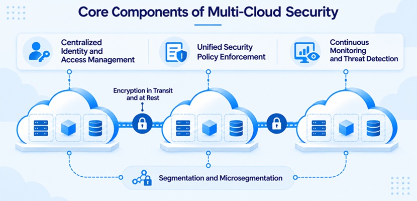 Core components of a multi-cloud security strategy, showing centralized identity and access management, unified policy enforcement, and continuous monitoring spanning three cloud environments, with encrypted connections between clouds and segmented zones inside each one