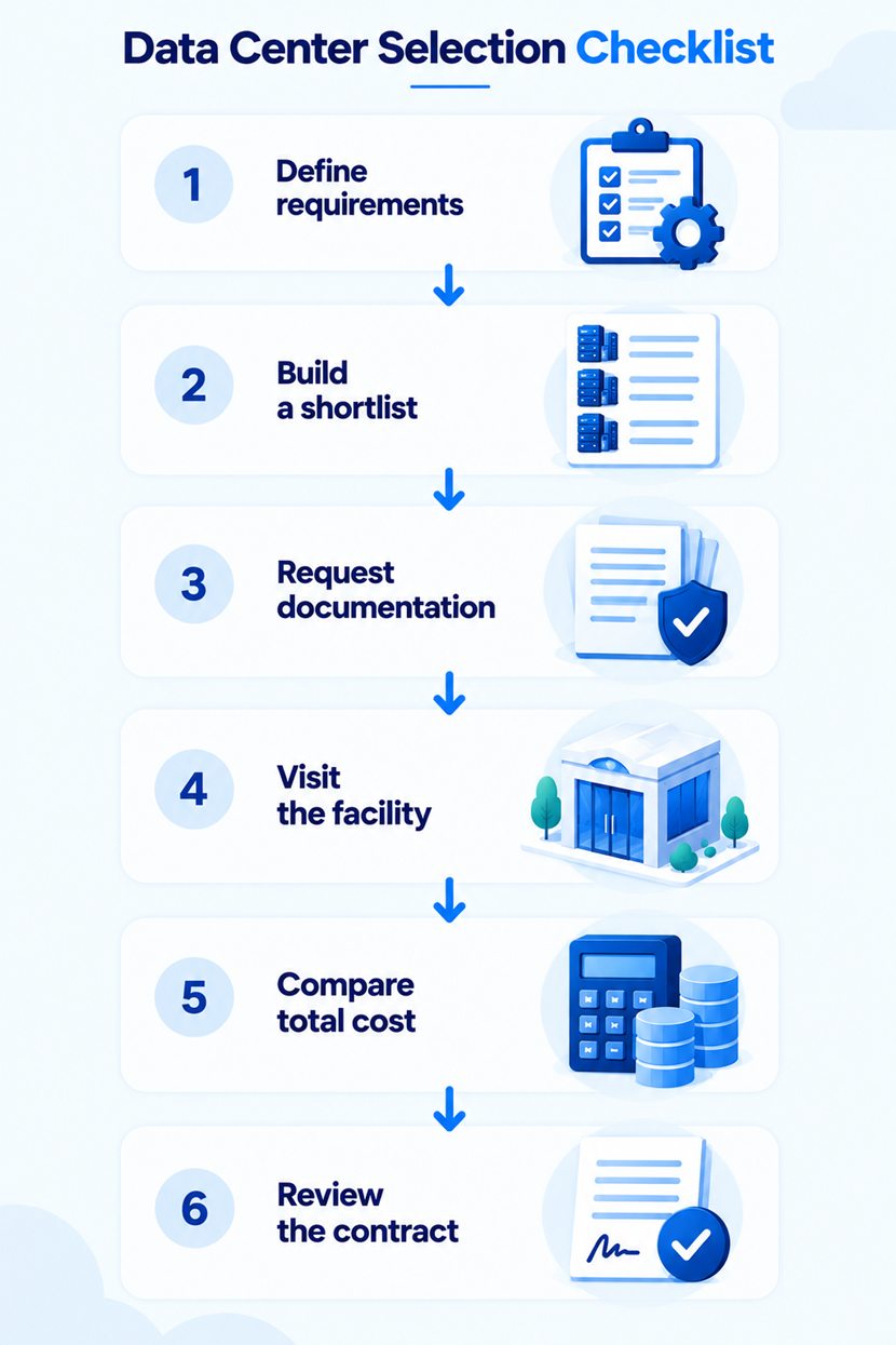 Data Center Selection Checklist: define requirements, build a shortlist, request documentation, visit the facility, compare total cost, and review the contract.