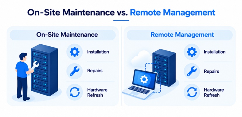 On-Site Maintenance vs. Remote Management: hardware installation, repairs, and hardware refresh handled in person by in-house staff versus remotely through a provider.