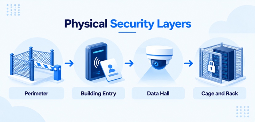 Key Criteria for Data Center Selection: physical security layers of a data center, from the perimeter and building entry to the data hall and locked racks.