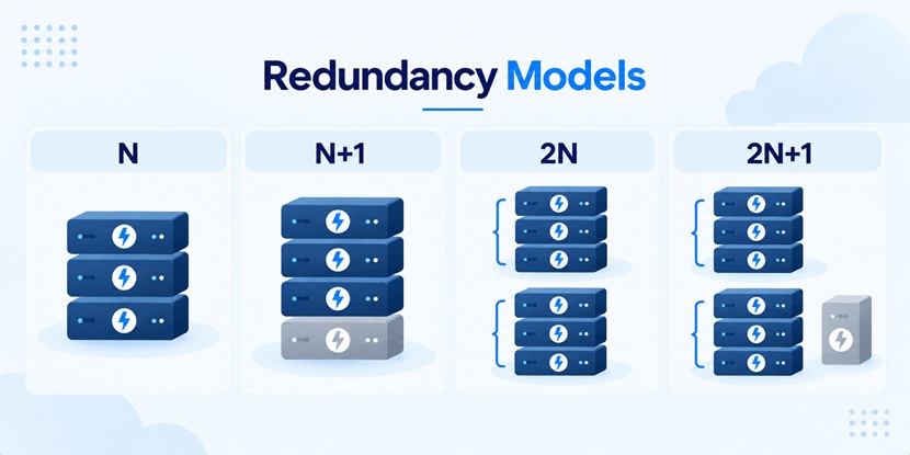Key Criteria for Data Center Selection: redundancy models N, N+1, 2N, and 2N+1 compared by the number of power components.