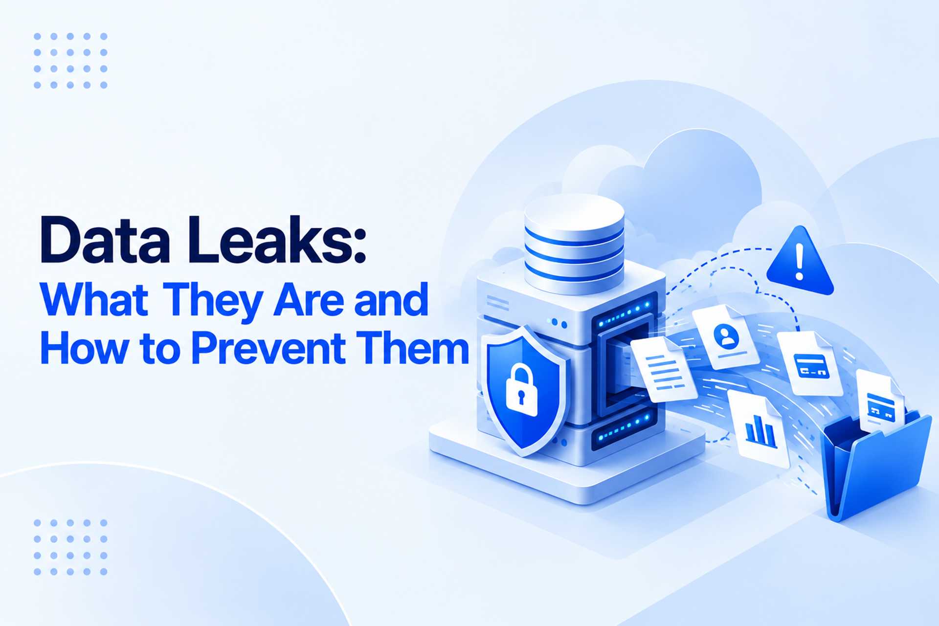 Data leak illustrated with sensitive files flowing out of a protected server into an open folder.