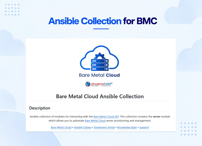 Ansible Collection for BMC: the README of the ansible-collection-pnap GitHub repository with the Bare Metal Cloud logo and the collection description.