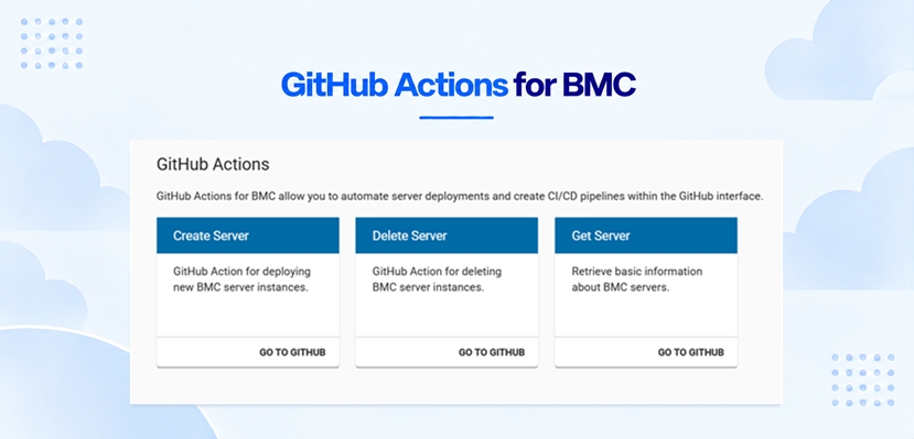 GitHub Actions for BMC: the Create Server, Delete Server, and Get Server actions on the phoenixNAP developer portal.