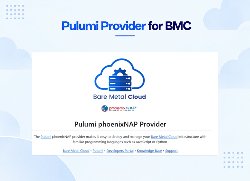 Pulumi Provider for BMC: the README of the pulumi-pnap GitHub repository with the Bare Metal Cloud logo and the provider description.