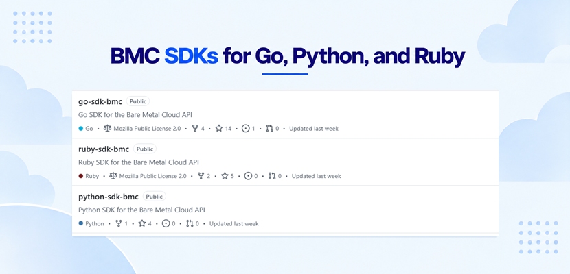 BMC SDKs for Go, Python, and Ruby: the go-sdk-bmc, ruby-sdk-bmc, and python-sdk-bmc repositories in the phoenixNAP GitHub account.