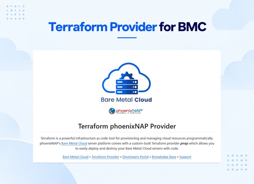 Terraform Provider for BMC: the README of the terraform-provider-pnap GitHub repository with the Bare Metal Cloud logo and the provider description.