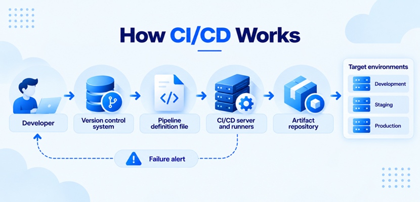 How Does CI/CD Work? A developer pushes code to a version control system, a pipeline definition file tells the CI/CD server and runners what to run, builds go to an artifact repository and then to development, staging, and production environments, and failures trigger an alert back to the developer.