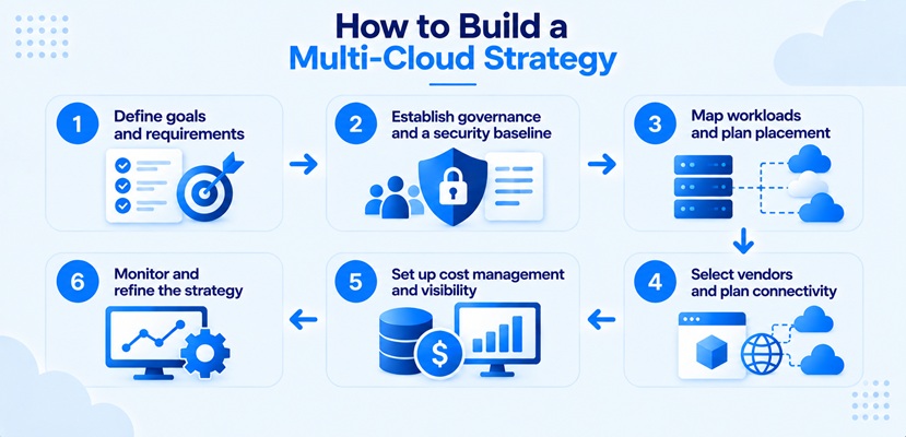 How to build a multi-cloud strategy through six steps, from defining goals and establishing governance to mapping workloads, selecting vendors, managing costs, and refining the strategy.