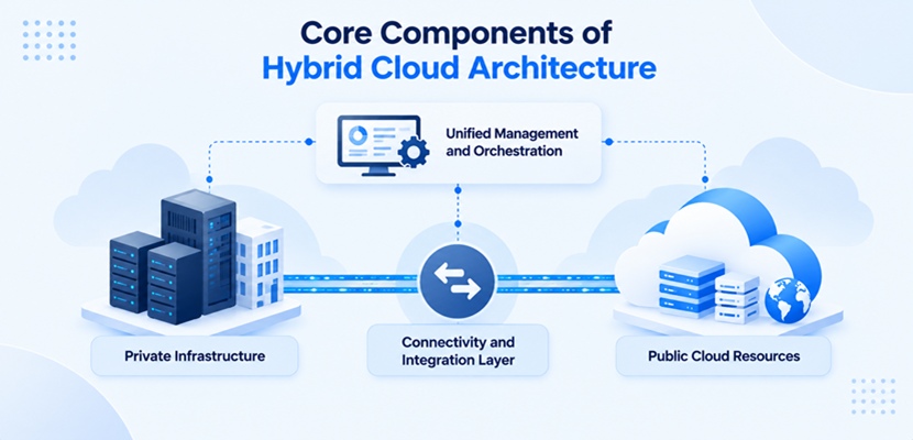 Diagram of hybrid cloud architecture components: private infrastructure, public cloud resources, connectivity and integration layer, and unified management and orchestration.