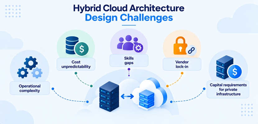 Summary graphic of hybrid cloud architecture design challenges: operational complexity, cost unpredictability, skills gaps, vendor lock-in, and capital requirements.