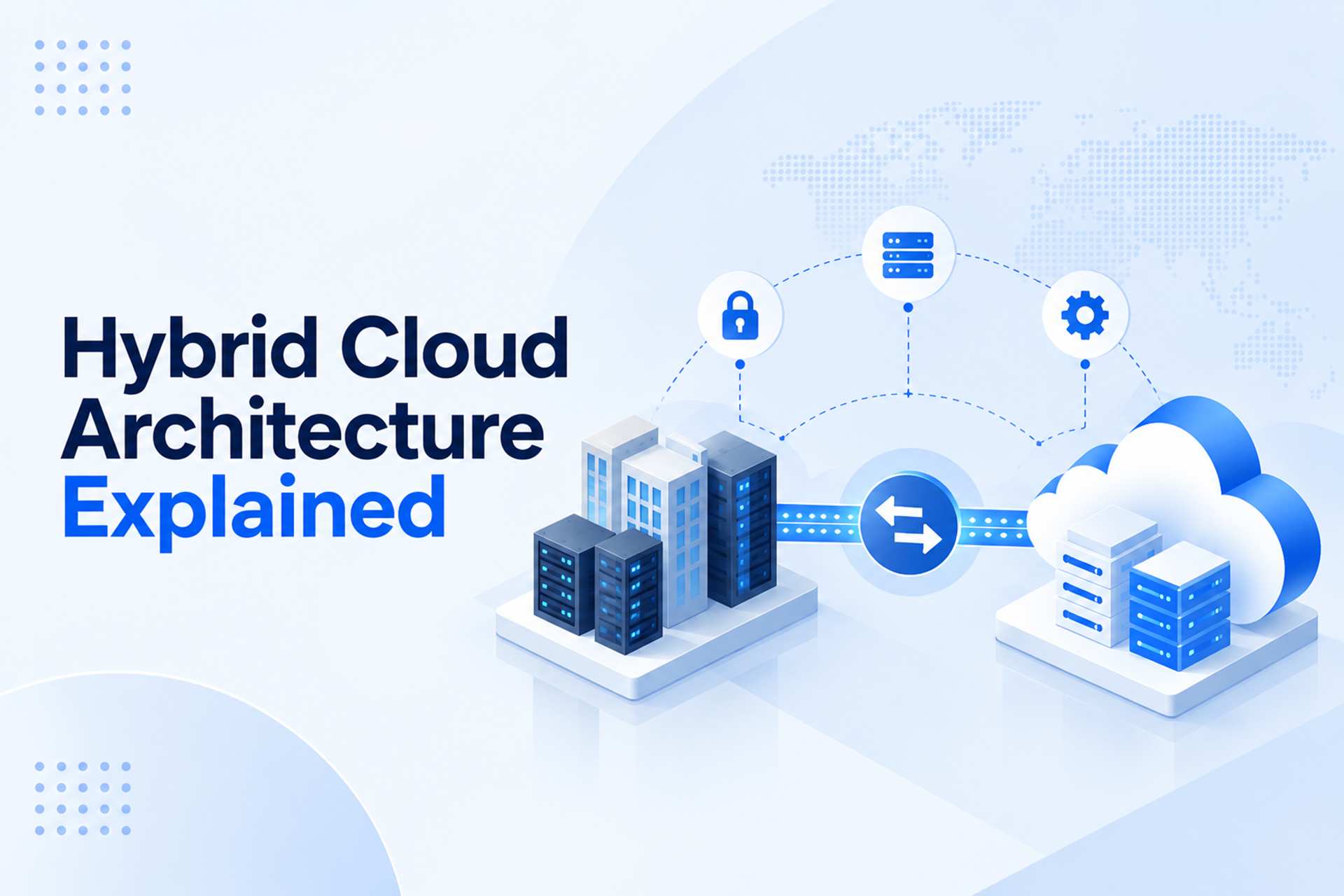 A hybrid cloud architecture diagram connects on-premises server infrastructure with public cloud resources through a bidirectional connection.