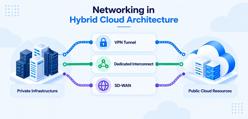 Diagram of hybrid cloud networking methods: VPN tunnel, dedicated interconnect, and SD-WAN.
