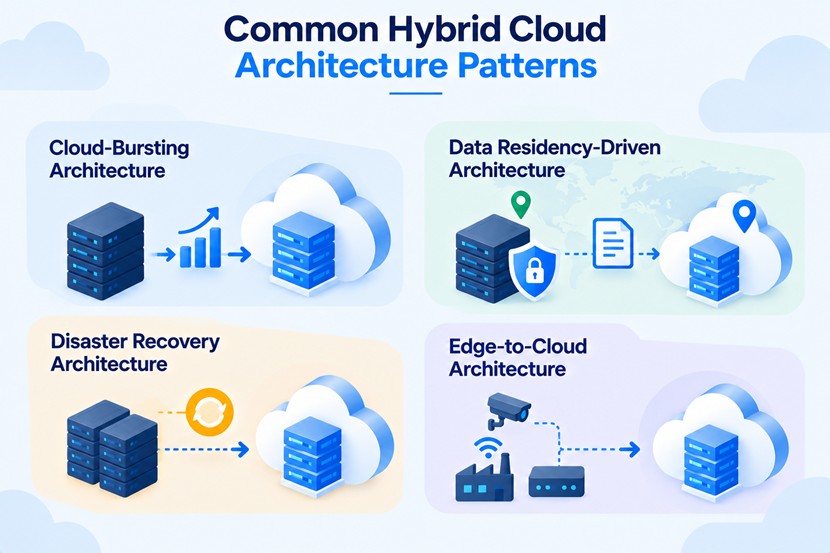 Overview graphic of common hybrid cloud architecture patterns: cloud-bursting, data residency-driven, disaster recovery, and edge-to-cloud.