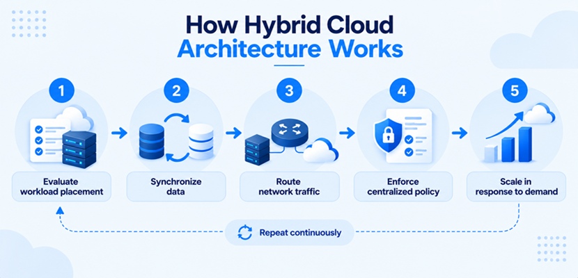 Flow diagram of how hybrid cloud architecture works: workload placement, data synchronization, traffic routing, policy enforcement, and demand-based scaling.