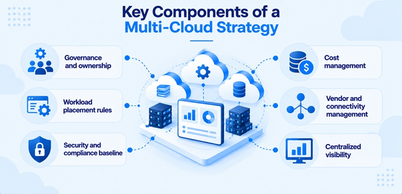 Key components of a multi-cloud strategy, including governance and ownership, workload placement rules, security and compliance, cost management, vendor and connectivity management, and centralized visibility.