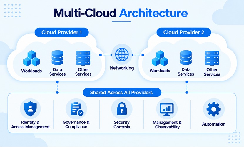 Multi-cloud architecture connects workloads and data services across two cloud providers with shared networking, security, identity, observability, and automation.