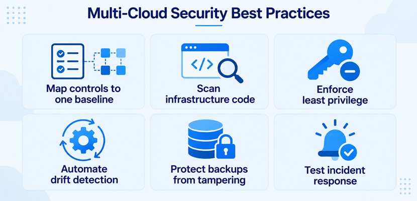Multi-cloud security best practices, including mapping controls to one baseline framework, scanning infrastructure code, enforcing least privilege, automating drift detection, protecting backups, and testing incident response .