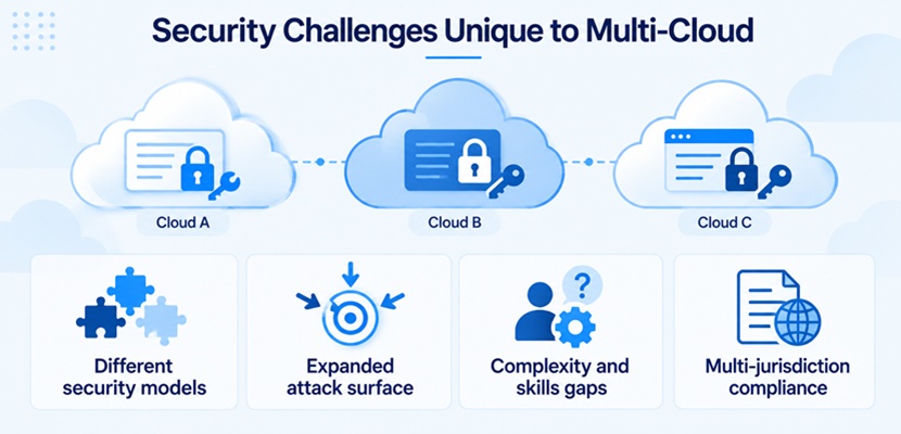 Security challenges unique to multi-cloud, including different security models across providers, an expanded attack surface, operational complexity and skills gaps, and compliance across multiple jurisdictions.