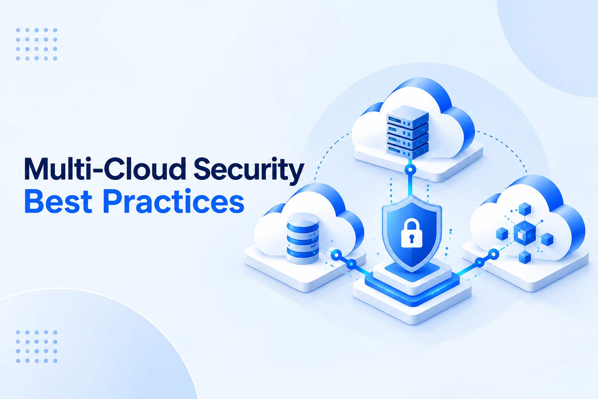 Multi-cloud security illustrated with several cloud environments protected by shared identity, encryption, and monitoring controls