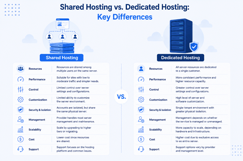 Shared hosting vs. dedicated hosting comparison showing differences in resources, performance, control, customization, security and isolation, management, scalability, cost, and support.