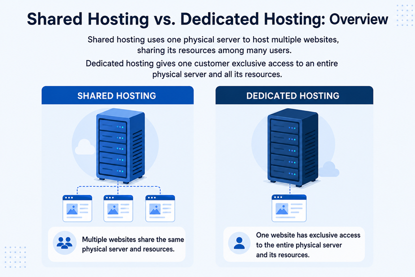 Shared hosting uses one physical server for multiple websites, while dedicated hosting provides one customer with exclusive access to an entire physical server and its resources.