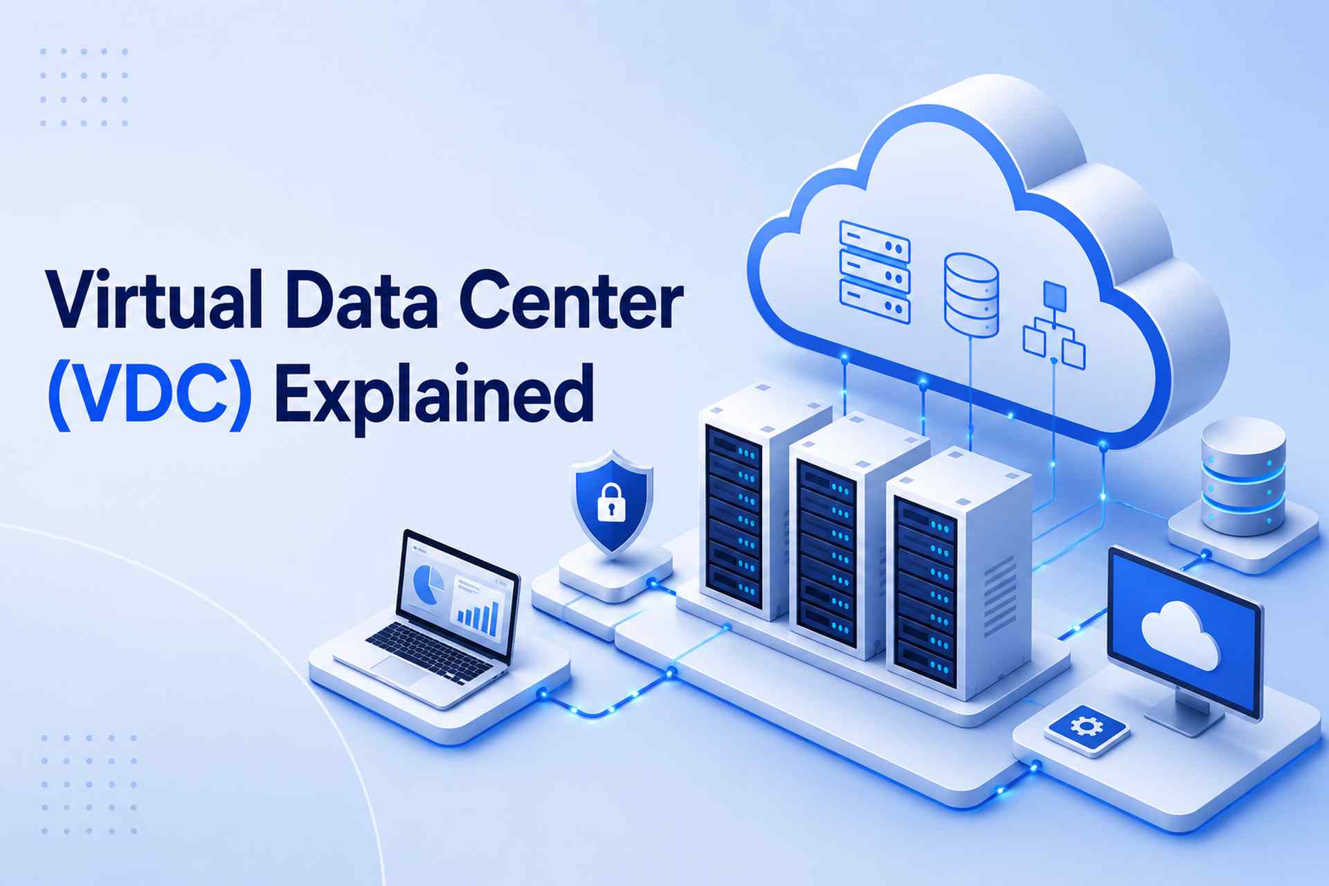 A virtual data center (VDC) with virtualized servers, storage, networking, and security connected to cloud infrastructure.
