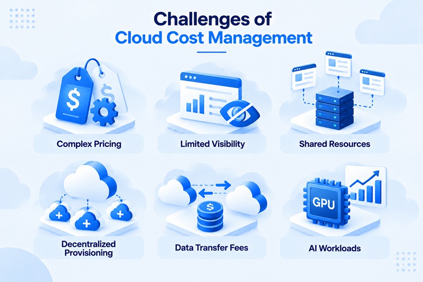 Challenges of Cloud Cost Management: complex pricing, limited visibility, shared resources, decentralized provisioning, data transfer fees, and AI workloads.