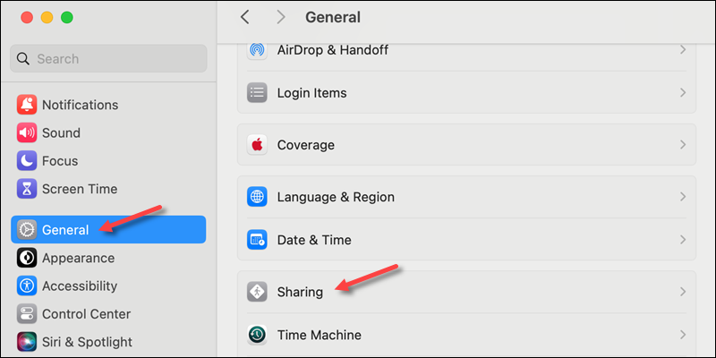 macOS Settings General Sharing UI