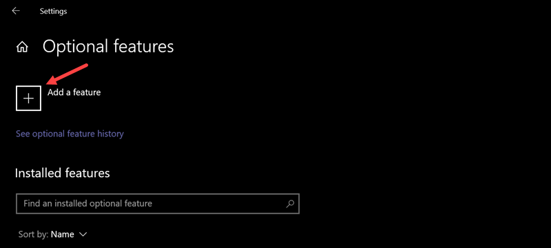 Windows Optional features Add a feature button UI