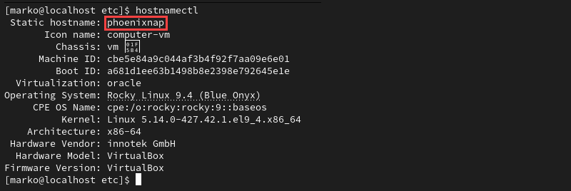 Output of the hostnamectl command showing the static hostname.