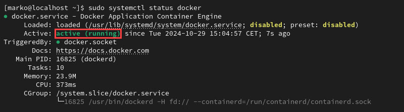 Output confirming the Docker service is active and running.