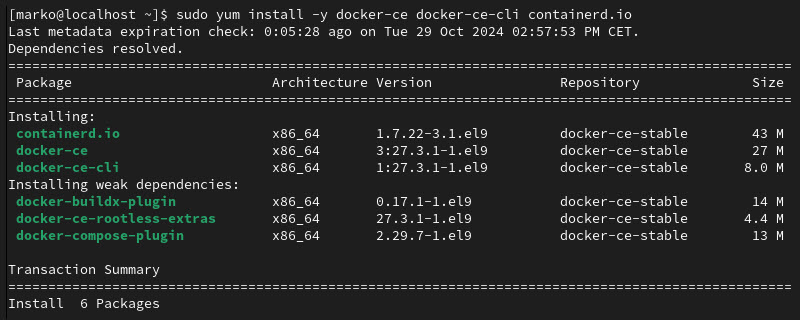 Output confirming Docker has been installed on your CentOS 7 and Rocky Linux.