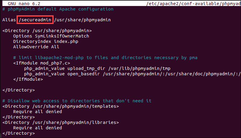 Modify phpMyAdmin alias URL in Apache config file.