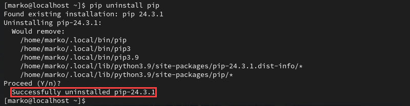 Output showing you have successfully uninstalled Pip from CentOS and Rocky Linux.