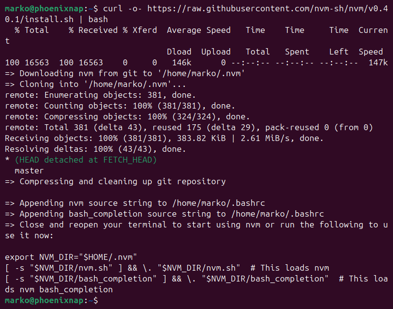 The installation of NVM using the official GitHub script.