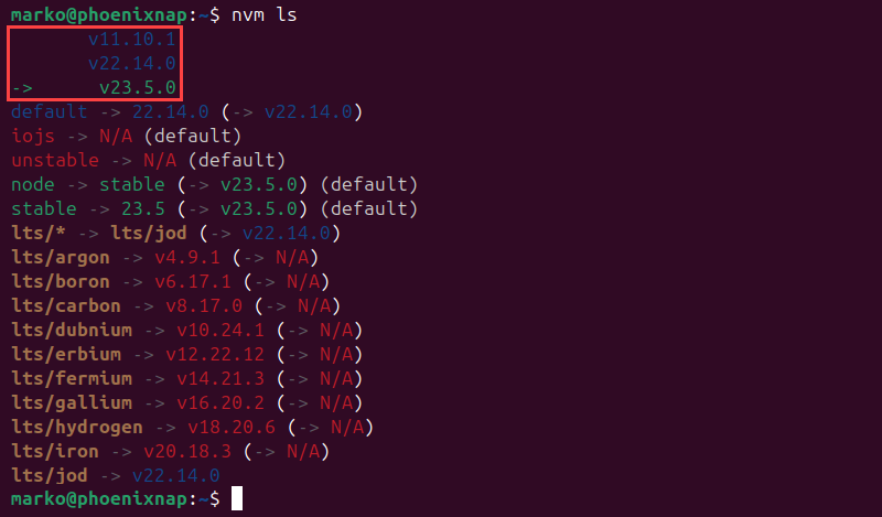 The output of the nvm ls command showing a list of currently installed Node.js versions.