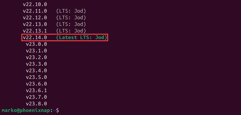 The output showing a list of available Node.js versions.