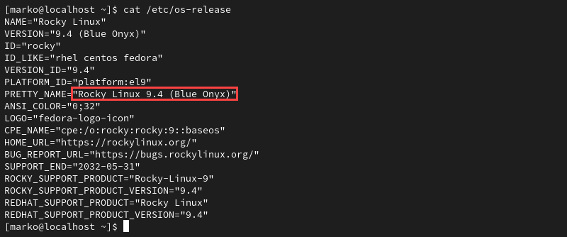 An example of Rocky Linux command output for the operating system and release version.