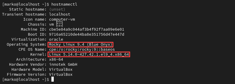 An example of Rocky Linux version number in the output of the hostnamectl command.