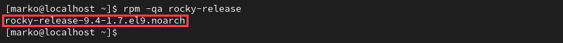 Example of RPM command to view version of Rocky Linux.