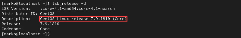 The lsb_release command showing the CentOS version on the system.