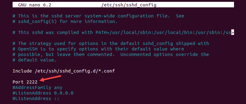 port 2222 sshd_config file contents