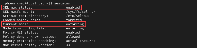 Active status of SELinux in CentOS and Rocky Linux.